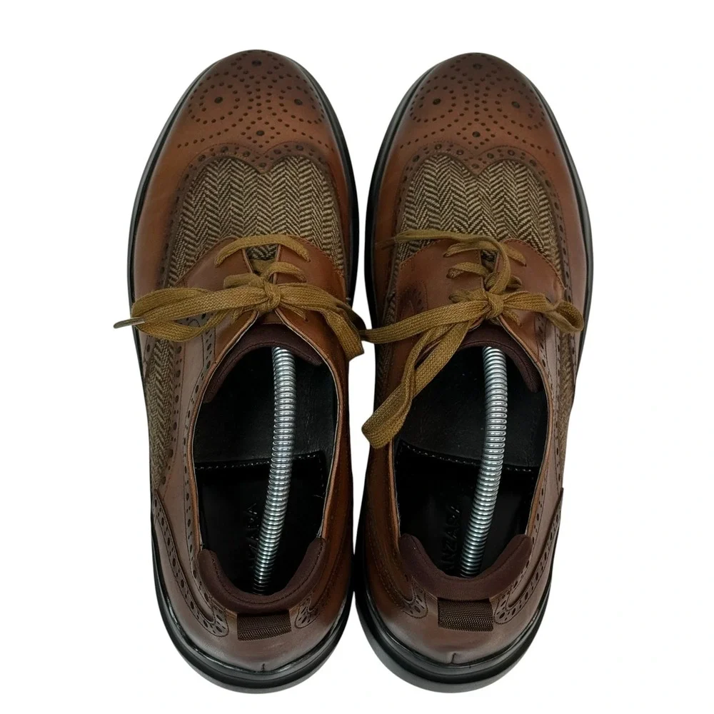 Zanzara Mens ZZ1556L Cognac Leather Herringbone Wingtip Oxford Shoes Size 11